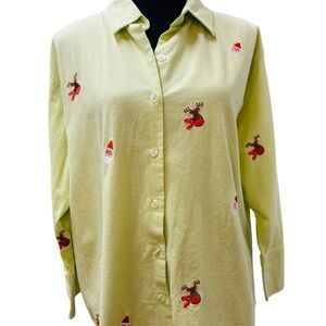 CASEY COLEMAN 3/4 SLEEVE BUTTON DOWN SANTA/REINDEER SHIRT SIZE L